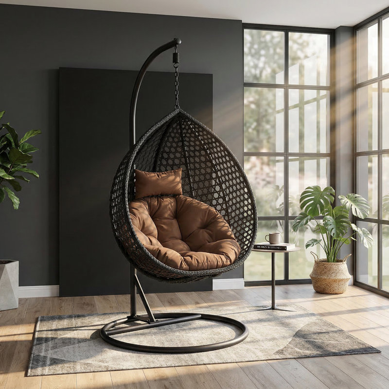 Fauteuil à œufs en osier avec support en C et support en C Chaviano Modern, Noir