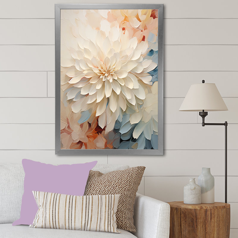 Fleur blanche de dahlia minimaliste I - impression, Cadre simple argenté, H 40 po x l 30 po x P 1,5 po