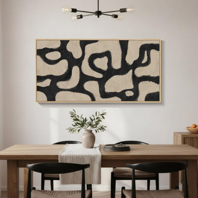 Grand tableau abstrait moderne encadré, format horizontal, 152 x 76 cm (60 x 30 pouces), noir et beige, style moderne et minimaliste. Toile prête à accrocher. Parfait pour le salon, la salle à manger, la chambre à coucher ou le bureau.