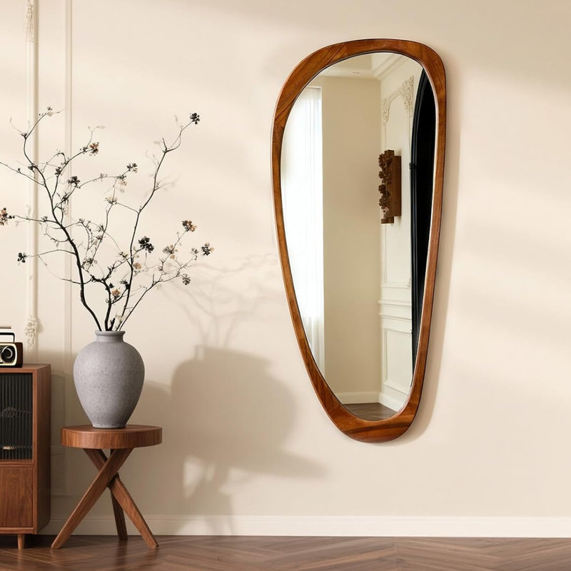 Asymmetrical Wood Framed Accent Wall Mirror, Brown, 48" x 22"