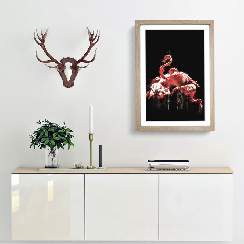 Pink Flamingos in Abstract - Framed Print, 50cm H x 35cm W x 2cm D, Oak