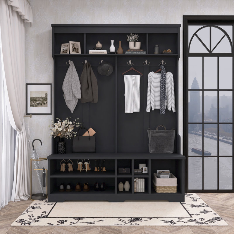 Modern Hall Tree With Metal Hooks & Shoe Storage Multifunctional Entryway Organizer, Black