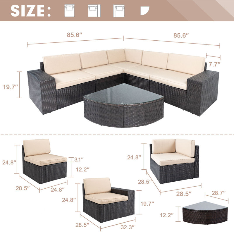 Ensemble de conversation modulaire d'extérieur 6 pièces, Brun clair
