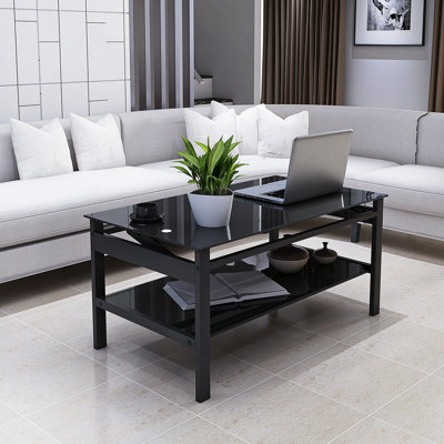 Table, table basse à plateau relevable en verre, table basse moderne simple en verre trempé 2 couches pour le salon, noir