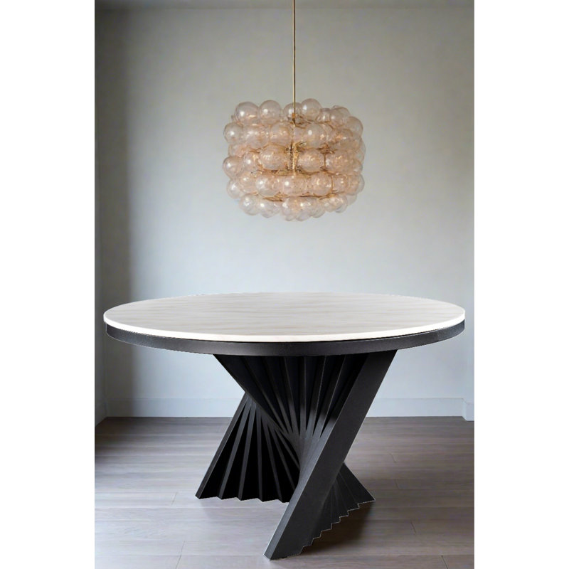 Harvin Round Marble Dining Table with Sculptural Unique Base – Modern Waterfall Design for Contemporary Dining Spaces, Black