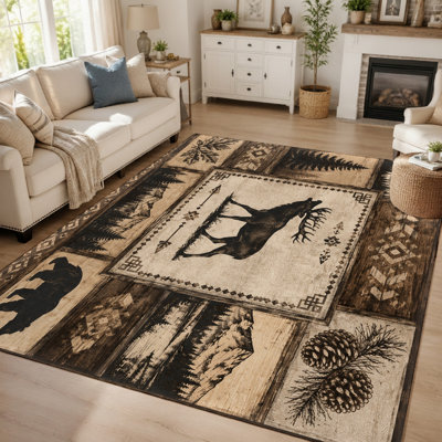 Tapis rustique à motif animaux de la forêt (1 pièce) - Doux et moelleux, imprimé, lavable et facile d'entretien, grand tapis fin, envers antidérapant, idéal pour le salon, la chambre, la cuisine ou le bureau. Convient à la décoration intérieure.