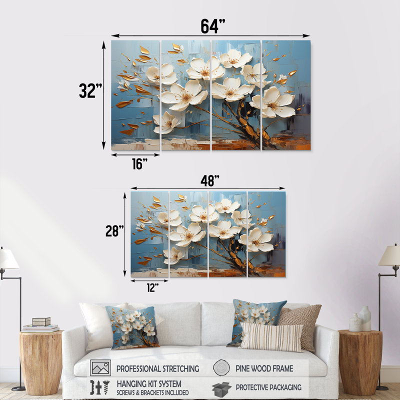 Orchidée bleue et blanche Golden Of Branches IV - Ensemble d'art mural 4 pièces, H 32 po x l 64 po