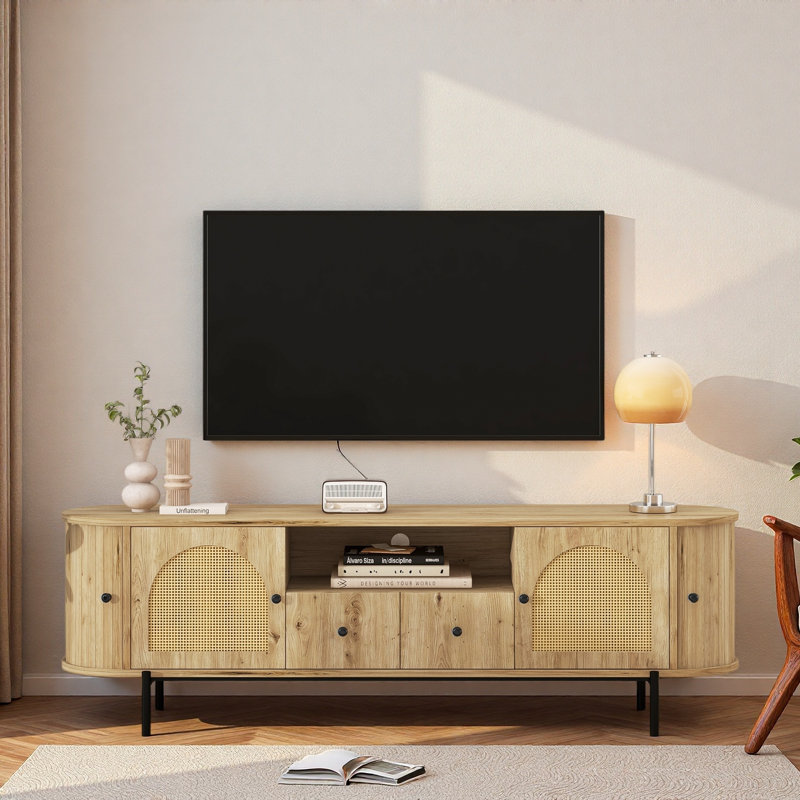 Meuble télé de style américain avec portes arquées en rotin, tiroirs, rangement dissimulé, pieds en acier, coins arrondis