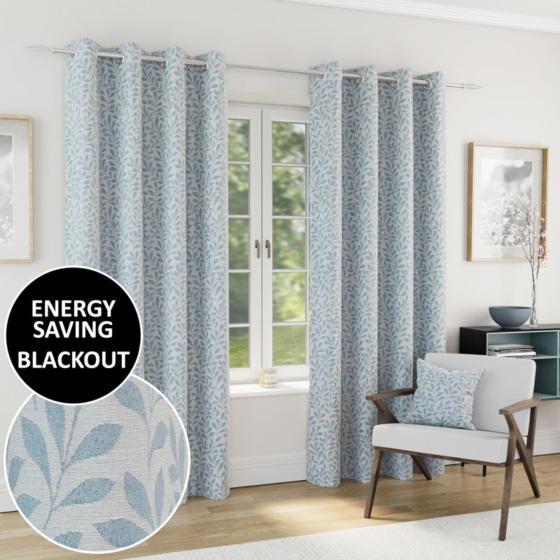 Sherwood 100% Blackout Thermal Jacquard Leaf Design Curtains with Eyelet Header (PAIR), 117cm Width x 137cm Drop, Ice Blue