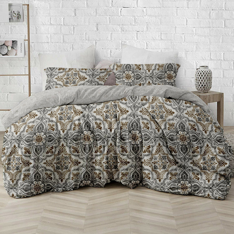 Standard Organic Cotton Reversible 3 Piece Duvet Cover Set Grey Brown, King Duvet Cover + 2 Standard Shams