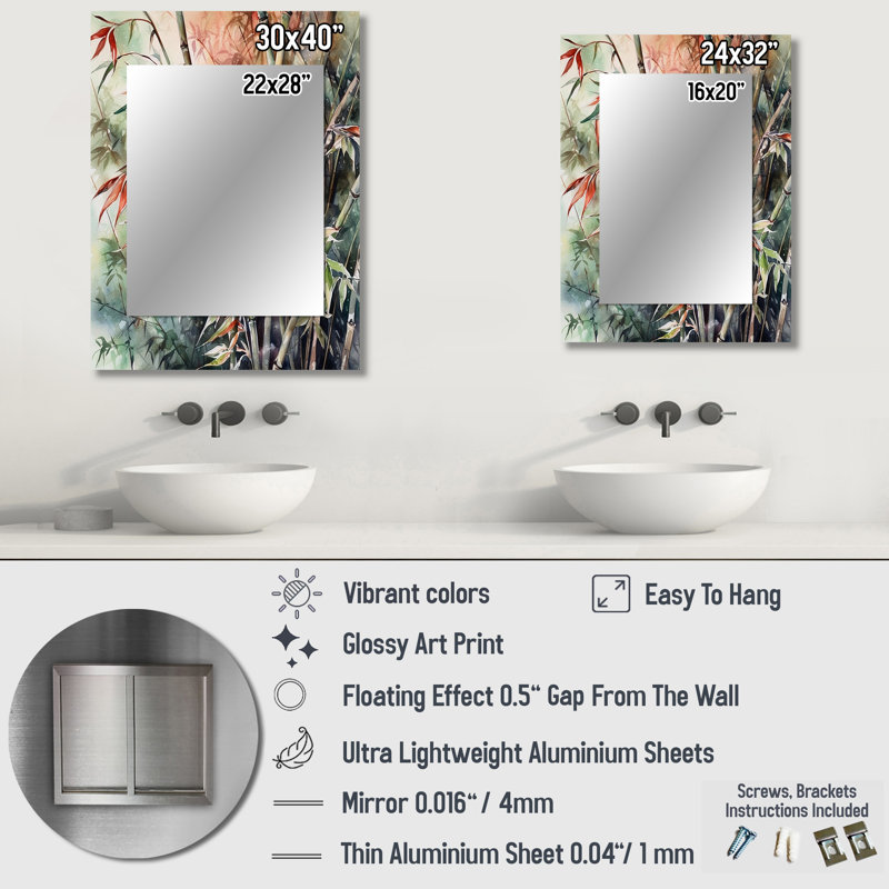 Green Floral Bamboo Bliss VI - Floral Large Mirror, Traditional Unique Wall Mirror Decor, Printed Metal Art, 40" x 30"