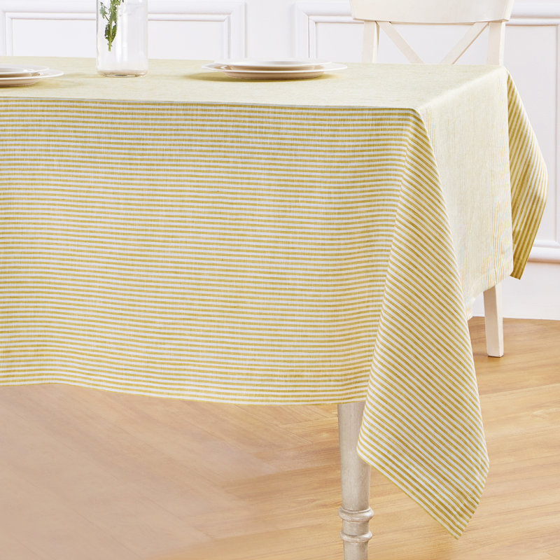 100% Pure Linen Tablecloth, Spicy Mustard/White, 132" L x 60" W, Narrow Stripe