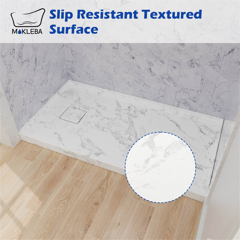 60 In. X 32 In. Rectangle White Marble Pattern Acrylic Bathroom Alcove Shower Pan Base With Left Hand Drain