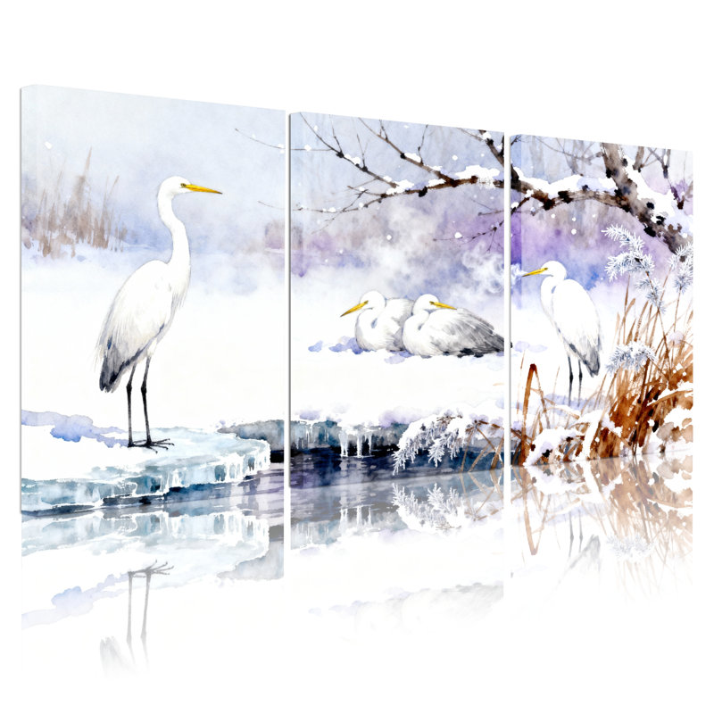 Ensemble de 3 tableaux sur toile représentant un héron en hiver, H 36 po x l 72 po