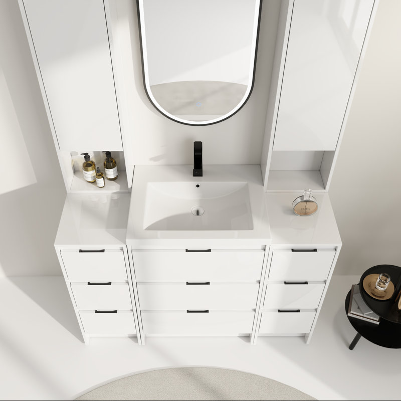 Meuble-lavabo moderne 48 po avec lavabo en résine et grand rangement à 9 tiroirs