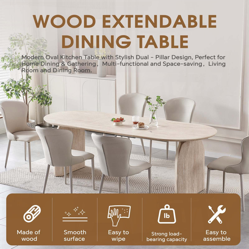 Table de salle à manger extensible ovale avec conception à deux piliers - Table de cuisine multifonctionnelle peu encombrante