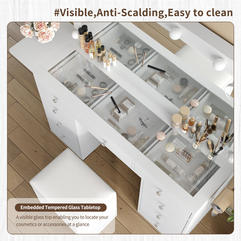 Makeup Vanity with Mirror and Lights, 3 Lighting Modes,Vanity Desk with Power Outlet ,9 Drawers Makeup Table with Chair, Glass Top vanity set