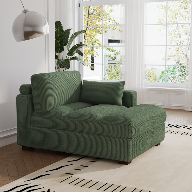 Bentura Oversized Upholstered Green Corduroy Chaise Lounge with Armrests & Throw Pillows, Green Corduroy, Right Hand Facing