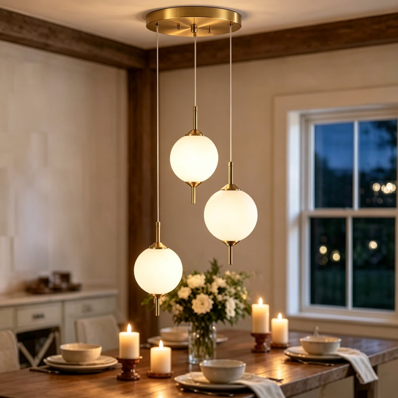 Luminaire suspendu moderne en grappe dorée à 3 lumières, globe à hauteur réglable avec verre givré