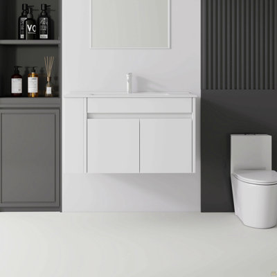 Meuble-lavabo flottant 36 po avec lavabo, porte en céramique, contreplaqué, blanc