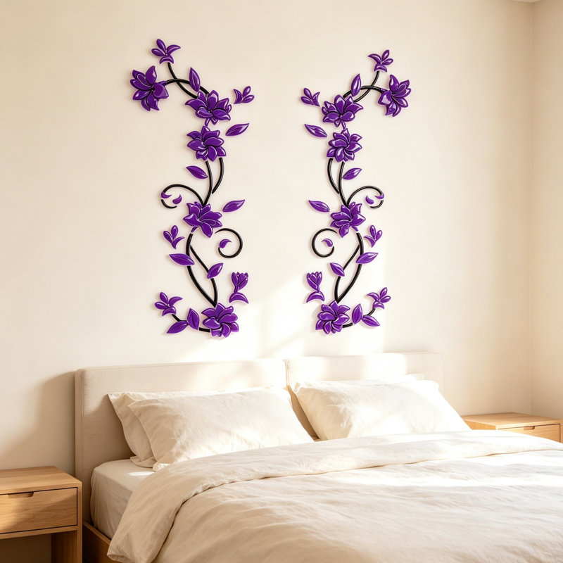Autocollant mural 2 pièces en acrylique 3D Crystal Rose Vine, Noir + mauve foncé