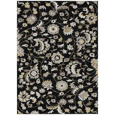 5' X 8' Black Floral Washable Indoor Outdoor Area Rug