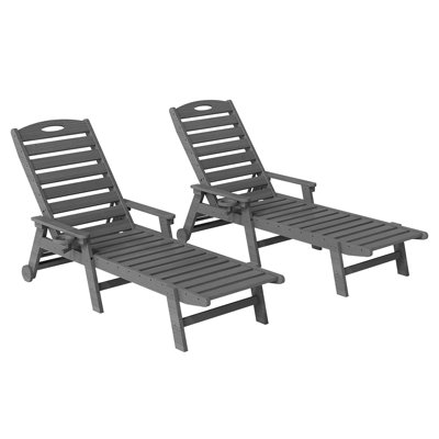 Set of 2 Outdoor Chaise Lounge Chairs, 5-Position Adjustable Backrest Pool Loungers with Cup Holder, 400lbs Weight Capacity Patio Reclining Chairs