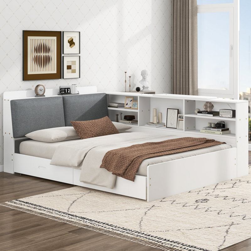 Wood Platform Bed With Storage Headboard, Shelves And 2 Drawers, Full, White