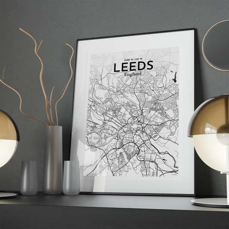 Carte de la ville de Leeds, impression, Noir / blanc, H 27,6 po x l 19,7 po