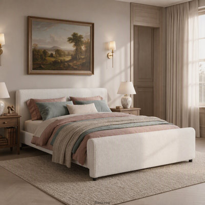 Lit plateforme incurvé Queen Luxury en tissu bouclé, tête et pied de lit arrondis, sommier à lattes en bois massif, blanc, cadre de lit moderne rembourré