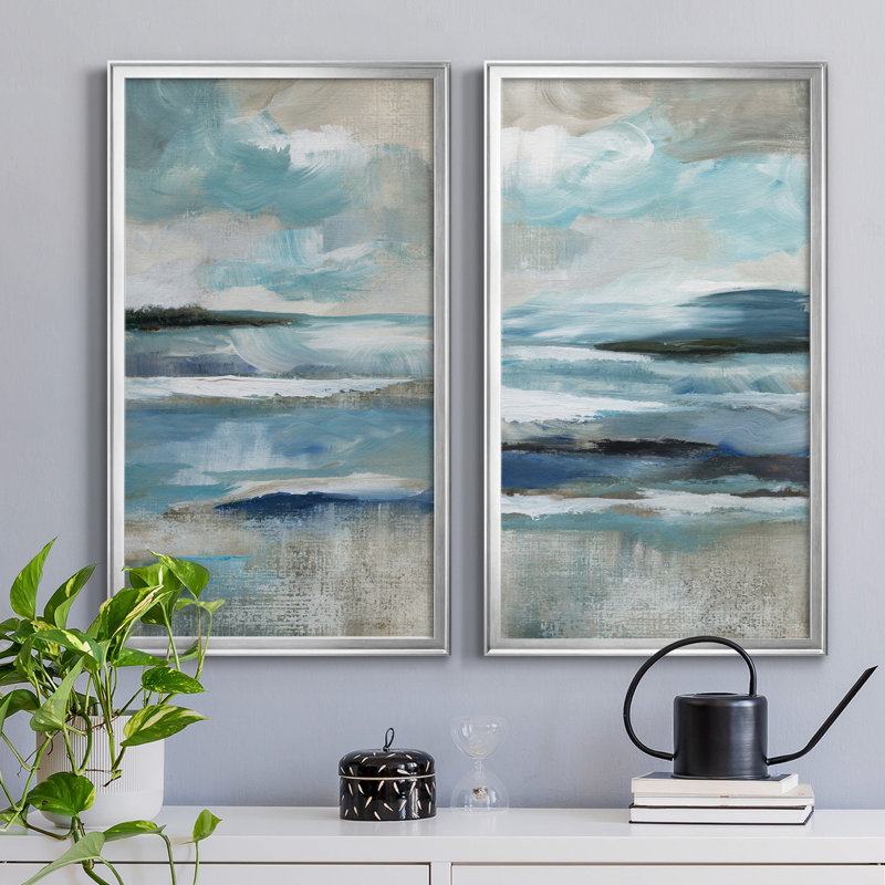 «Distant Drama I», ensemble de 2 peintures sur toiles, H 26,5 po x l 73 po, Toile encadrée, Silver