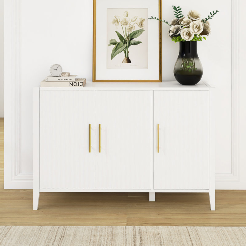 Buffet de rangement à trois portes avec poignées en métal, Blanc