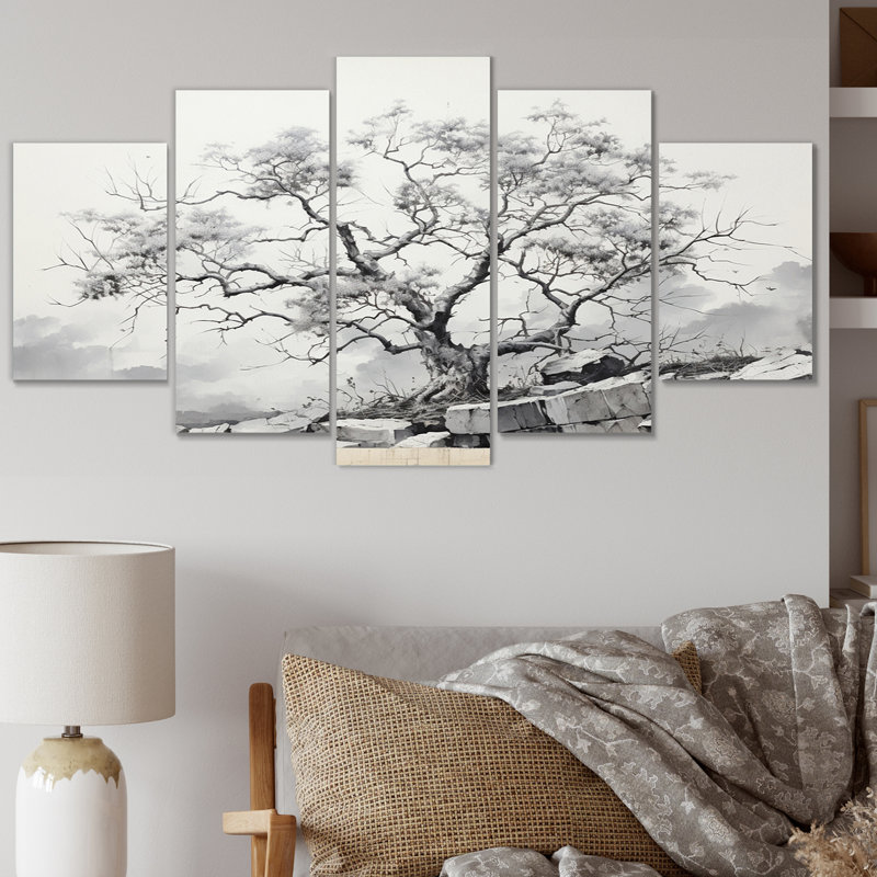 Arbre à fleurs monochromes gris et blanc III - impression murale d'art floral - 5 panneaux