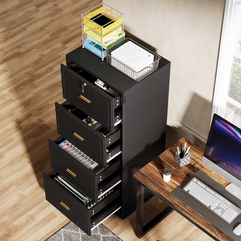 4-drawer File Cabinet, Vertical Filing Cabinet With Lock, Wood File Cabinet For Home Office, Black
