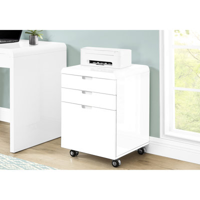 Contemporary File Cabinet With Rolling Wheels And Glossy White Laminate Finish Mobile Office Cabinet, 3 Storage, Printer Stand Smooth Running