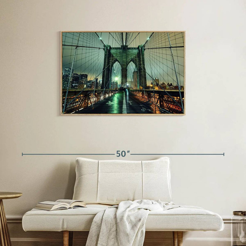Brooklyn Bridge Nightfall, Cadre flottant en bois naturel, 37 po x 25 po