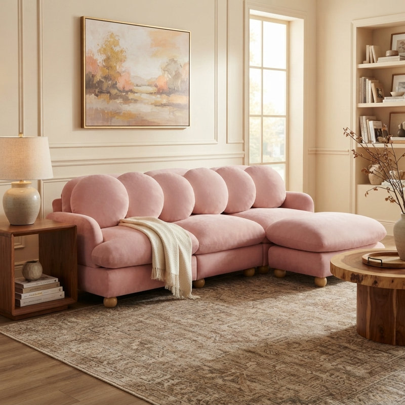 Ensemble canapé modulable 3 places en chenille avec pouf, assises profondes et coussins de dossier ronds, rose poudré