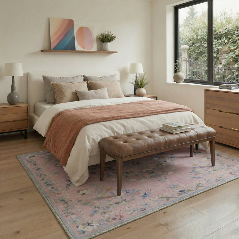 Abadou Auraflora Floral Birds Machine Washable Pink / Blue / Green Indoor Area Rug with Non-Slip Backing, Rectangle 6' x 9'