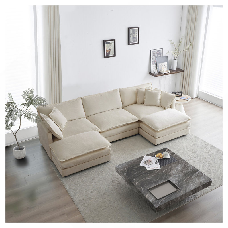 Canapé modulaire en U avec repose-pieds réversible, canapé d'angle convertible 5 places avec 2 repose-pieds, canapé doux minimaliste moderne et canapé de salon, chenille beige