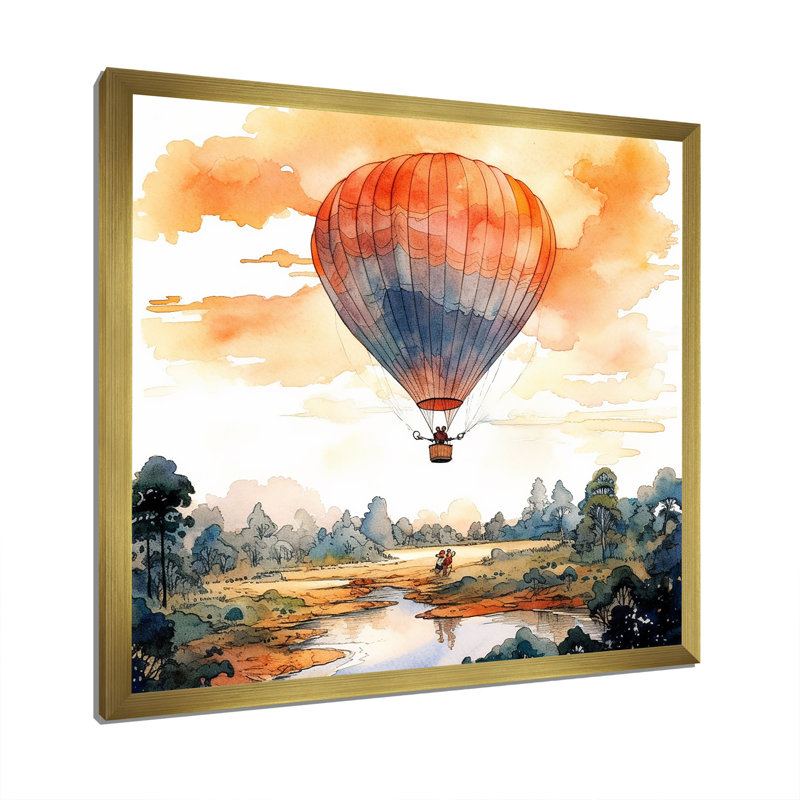 Montgolfière, paysage de rêve I, Cadre doré simple, H 16 po x l 16 po x P 1 po