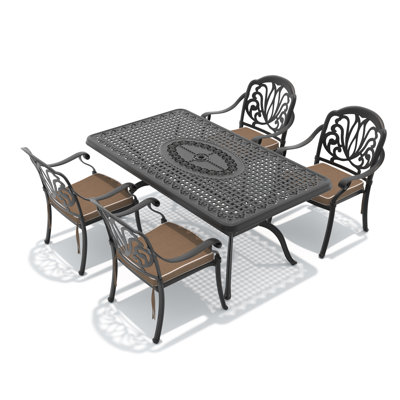 Ensemble de salle à manger rectangulaire 5 pièces pour patio, 170 cm de long, avec trou pour parasol, 4 chaises empilables avec coussins bruns