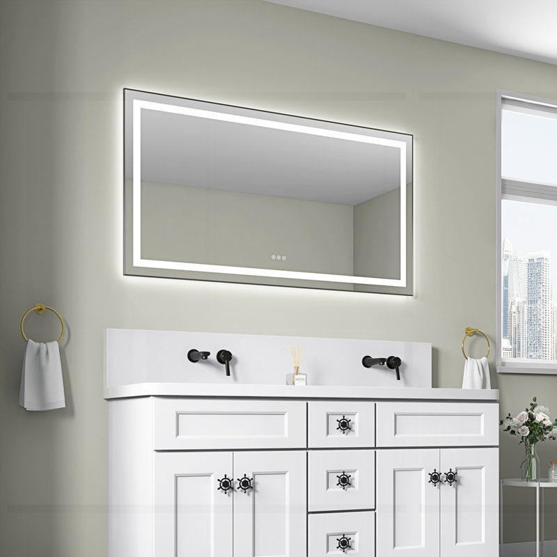 Miroir de salle de bain 55 po x 28 po à DEL avec façade et rétroéclairage, miroir de meuble-lavabo mural avec cadre en aluminium, antibuée, mémoire, 3 couleurs, gradation continue