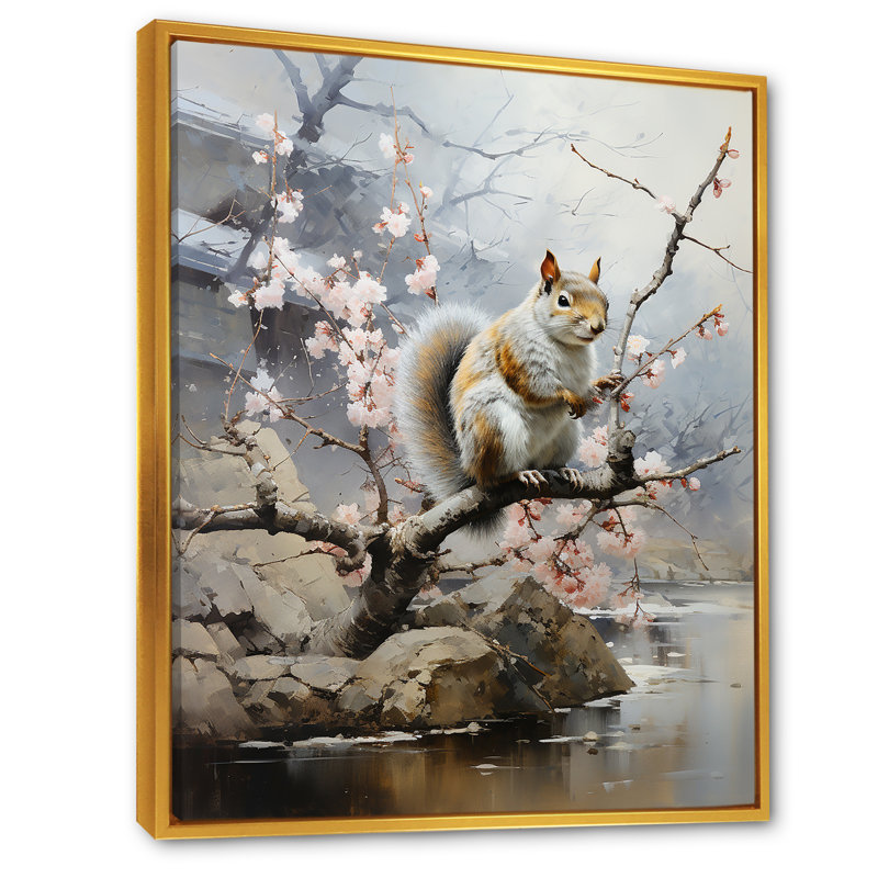 Écureuil sur fleur de cerisier rose 1 - Écureuil, art mural animal, Cadre flottant doré, 40" H x 30" W