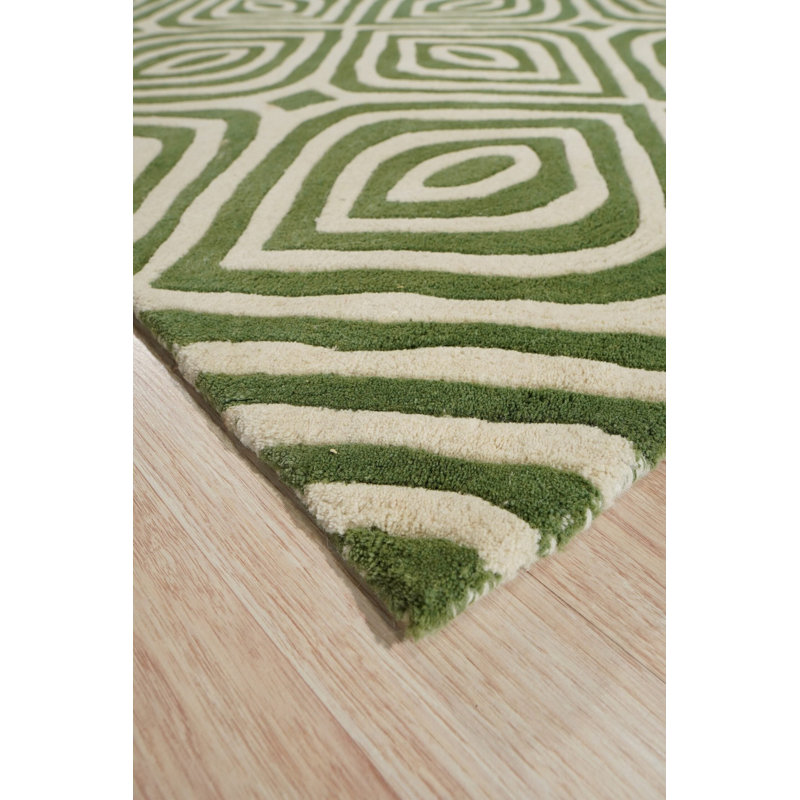 Hand Tufted Wool Geometric Area Rug in Green, 8' x 10'
