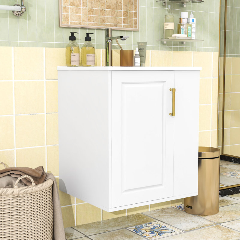 Meuble-lavabo mural avec lavabo en céramique, porte à fermeture en douceur et tablettes ouvertes