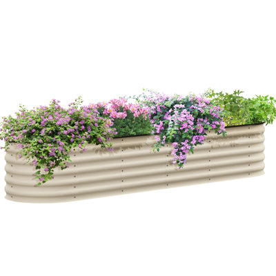Jardinière galvanisée surélevée en crème, 2,40 m x 0,60 m x 0,40 m, jardinière métallique surélevée avec bordure, pour la culture de fleurs, d'herbes aromatiques et de légumes, installation facile à l'extérieur, couleur crème, avec bord et trou de drainage