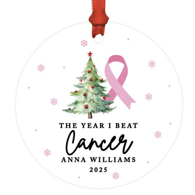 Ornement de Noël personnalisé ruban rose sur mesure, cancer du sein, cadeau de survivant en métal, «The Year I Beat Cancer», décoration des Fêtes