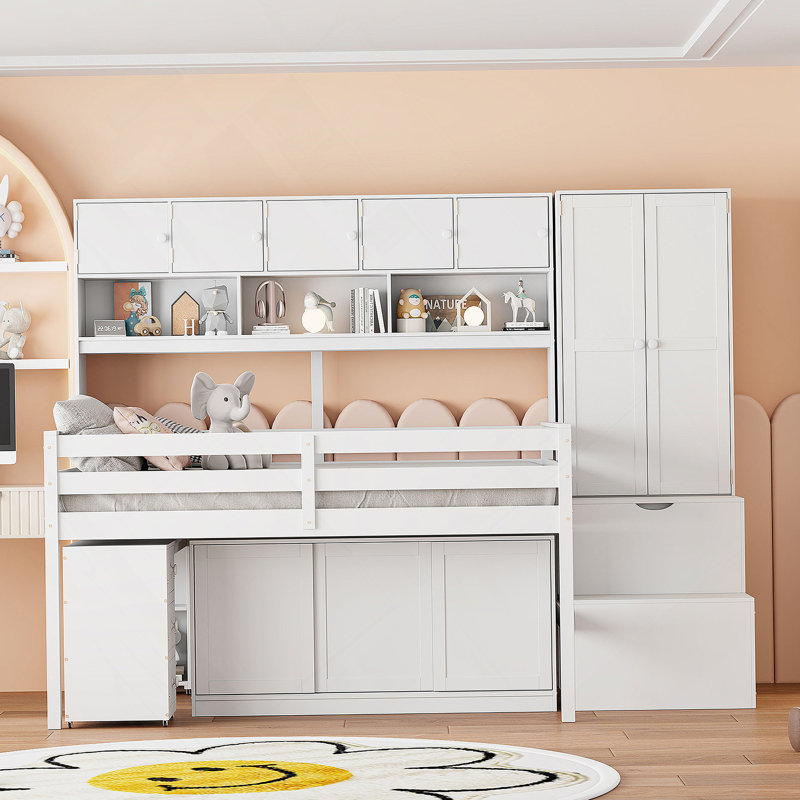 Grand lit mezzanine en bois avec rangement sous le lit avec tiroirs et tablettes Kauslick, Double, Blanc