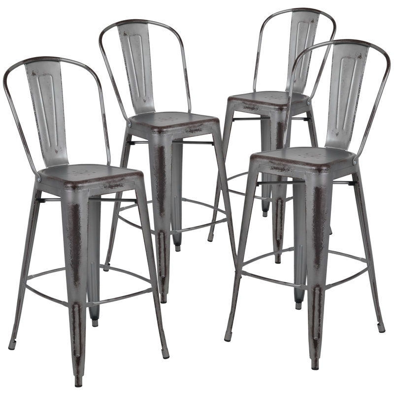 Commercial Grade Distressed Metal Indoor-Outdoor Counter Height Stool with Back, Bar Stool (30" Seat Height), Grey