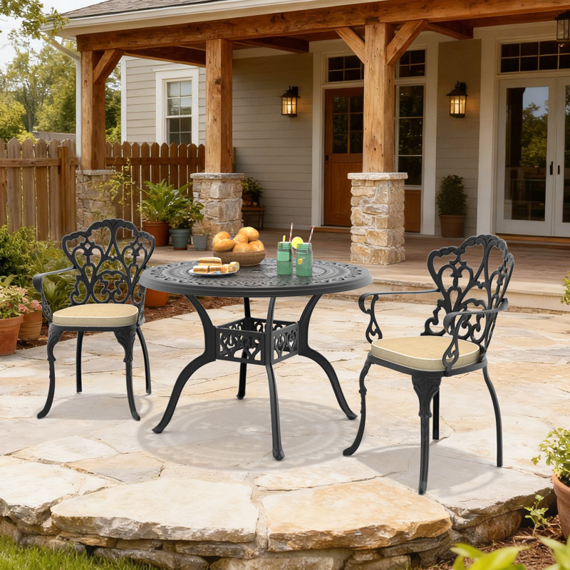 3-Piece Bistro Dining Set, 39.37" Round Table with Umbrella Hole & 2 Armchairs with Beige Cushions, 2